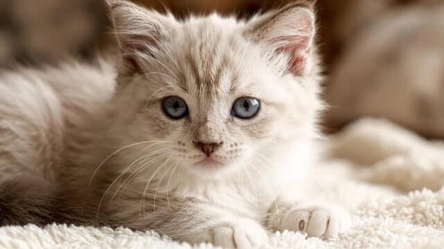 Fluffy ragdoll kitten with blue eyes resting on a soft white blanket