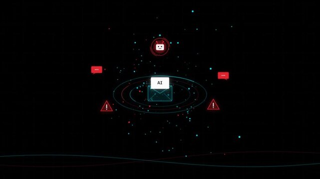 Digital artificial intelligence bot processing encrypted electronic mail messages within secure cyber network environment with interface with warning signals floating