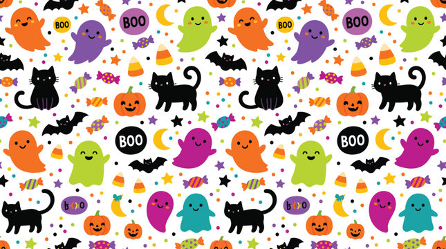 A festive and colorful halloween background featuring cute ghosts black cats pumpkins and bats in a fun seamless pattern design
