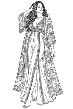 A poised model presents a lace bodysuit beneath a flowing botanical kimono, illustrated in elegant black contours for lingerie campaigns, fashion catalogs, and luxury branding.