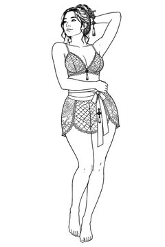 A relaxed young woman stretches with her arms overhead in a patterned resort outfit, illustrated with delicate monochrome lines for wellness, vacation, and summer fashion concepts.