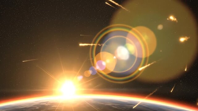 Bright sun rising over earth horizon during meteor shower event capturing lens flare effect within dark space background