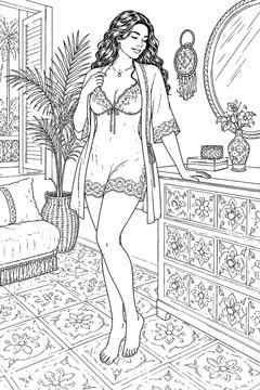 A serene woman walks through a tropical home wearing lace sleepwear and a soft robe, surrounded by plants and carved furniture in a refined black-and-white line illustration.
