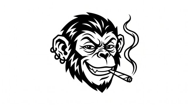 A bold black-and-white line illustration of a monkey&rsquo;s head with a mischievous, confident expression.
