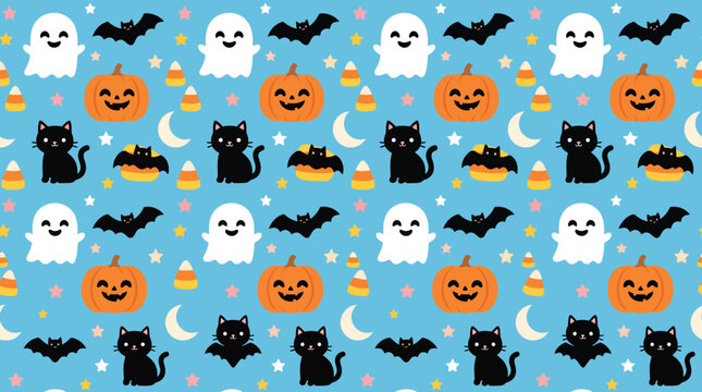 A cute seamless halloween background featuring cartoon ghosts pumpkins black cats and bats on a light blue starry night sky pattern