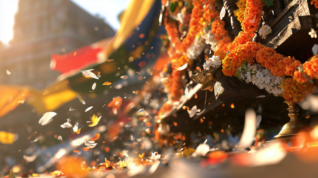 Vibrant Floral Petals Falling During the Traditional Chariot Festival of Thiruvarur Celebration