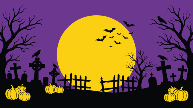 A spooky halloween background featuring a large yellow full moon rising over a dark graveyard with silhouettes of trees and bats