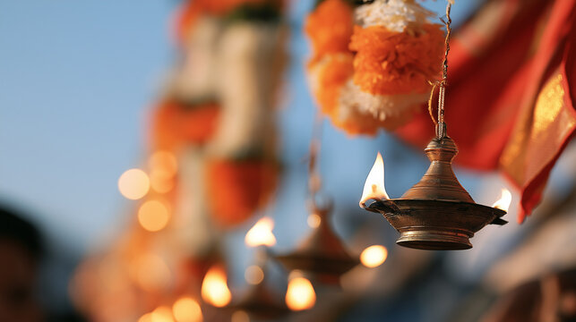 Traditional Oil Lamps Lit During the Chariot Festival of Thiruvarur Celebration and Rituals