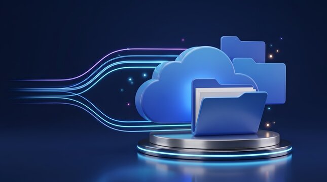 Glowing data streams flowing into a 3D cloud computing storage system representing high speed internet connection and data migration