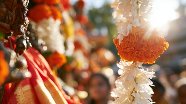 Traditional Marigold Garlands Adorning the Sacred Chariot Festival of Thiruvarur Celebration