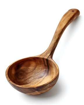 Natural wooden ladle with deep bowl and long handle, kitchen utensil isolated on white background