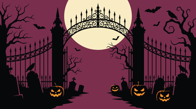 A spooky halloween background featuring a glowing full moon behind an iron gate with carved pumpkins and silhouettes of flying bats