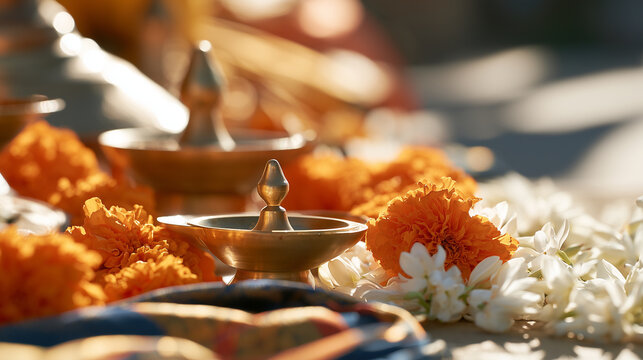 Traditional Brass Oil Lamps and Marigold Flower Garlands at the Chariot Festival of Thiruvarur