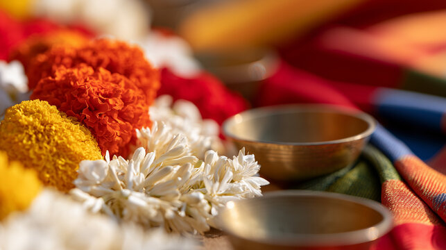 Vibrant Marigold Garlands and Brass Bowls for the Traditional Chariot Festival of Thiruvarur