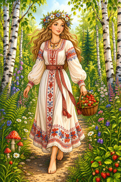 A cheerful young maiden in a richly embroidered dress gathers ripe berries along a woodland path, surrounded by birch trees, ferns, mushrooms, and colorful summer blossoms.