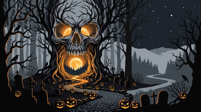 A spooky halloween background featuring a giant glowing skull tree in a dark forest with carved pumpkins and a mysterious winding path