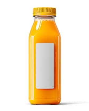 Orange juice bottle mockup with blank white label, fresh beverage packaging isolated on white background