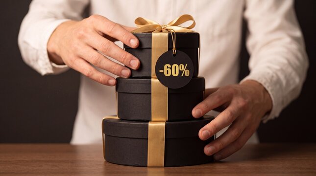 H&auml;nde stapeln Geschenkboxen mit Rabatt-Anh&auml;nger -60% Nahaufnahme