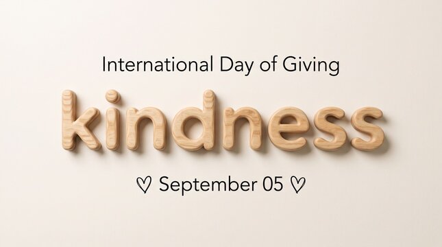 Kindness wooden text for International Day of Giving, September 05 celebration banner, minimalist natural wood lettering on beige background