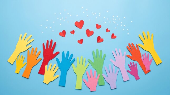Colorful paper hands reaching for red hearts, diverse community support concept, charity and volunteer teamwork on blue background