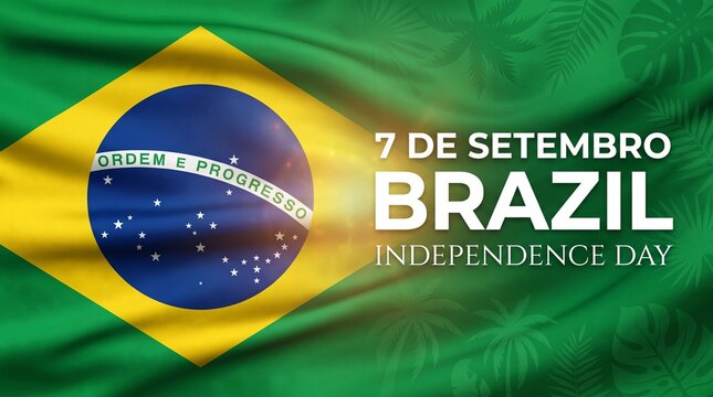 Brazil Independence Day banner with waving national flag. 7 de Setembro Brazilian holiday background. Patriotic green and yellow fabric texture.