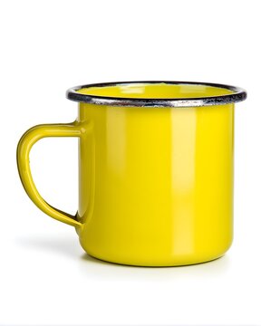 plain enamel empty yellow tea cup along black border isolated to white background 
