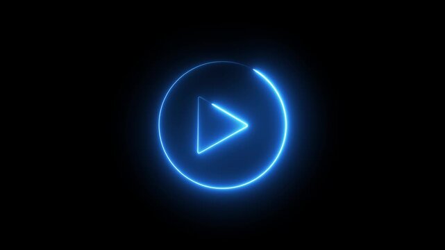 Neon Play button sign icon animation glowing blue color circle media audio and video music stop player pause press click push start button press icon on black background