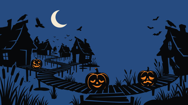 An eerie halloween background featuring a spooky wooden bridge with glowing jack o lanterns under a crescent moon and dark night sky