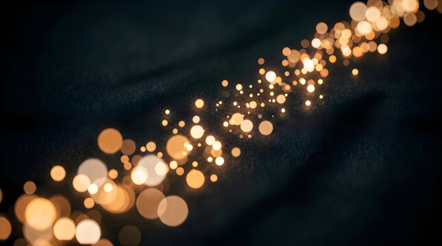Golden bokeh light orbs flowing on dark background for luxury festive abstract design