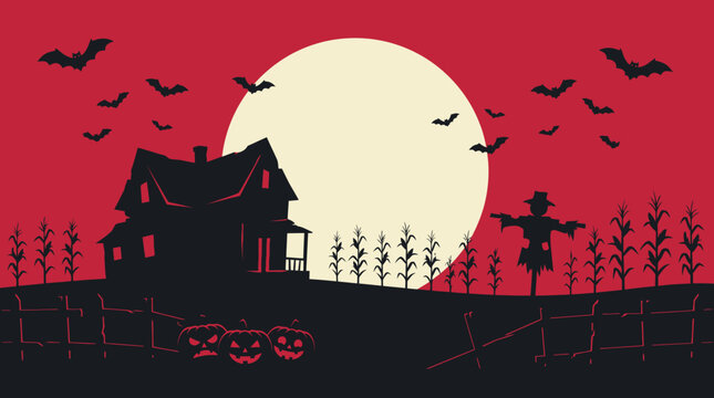 A spooky halloween background featuring a haunted house silhouette and a large full moon set against a dark red night sky backdrop