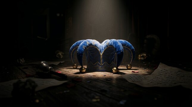Blue Jester Hat with Golden Trim and Bells Sitting on a Wooden Table with Scattered Confetti and Old Paper