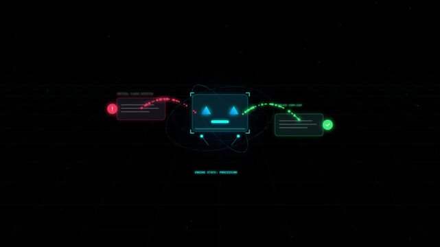 Futuristic robot interface processing data streams with digital warning and success notification system elements displayed with glowing holographic interface face surrounded animated