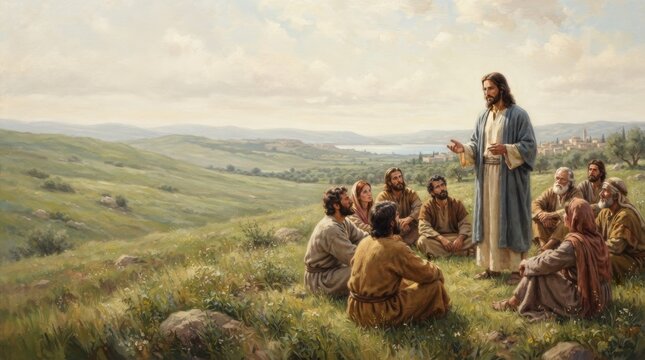 Jesus Christ preaching to disciples on green hillside. Biblical sermon and spiritual teaching scene. Christian faith and gospel concept for Easter and religious education