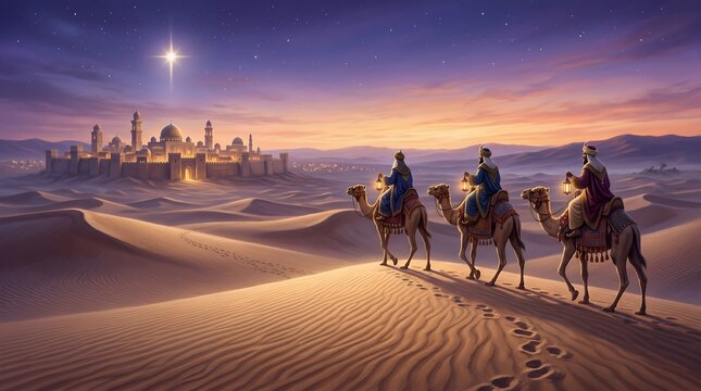Journey of Three Wise Men on Camels Towards a Desert City under a Starry Night Sky