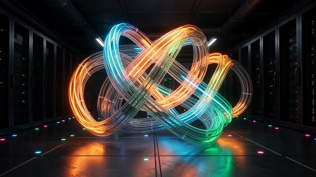 Futuristic abstract data server center with glowing neon lights