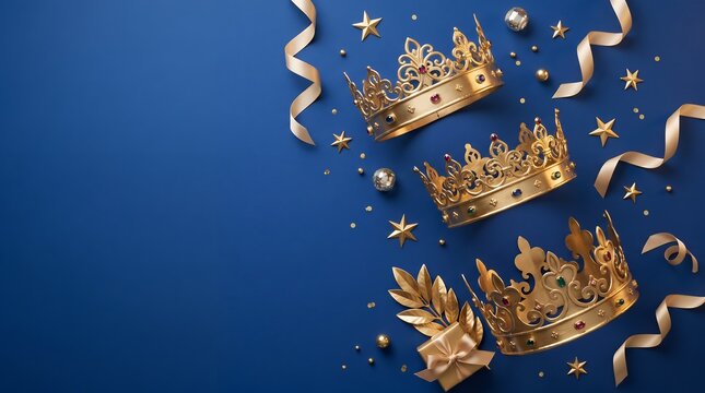 Luxurious Golden Royal Crown Decoration with Festive Stars and Ribbons on Blue Background