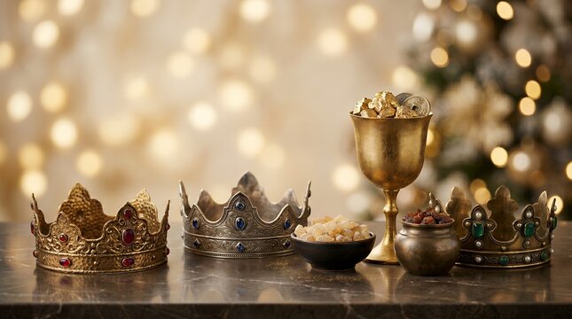 Ornate Golden and Silver Royal Crowns with Gifts of Treasure and Precious Gemstones