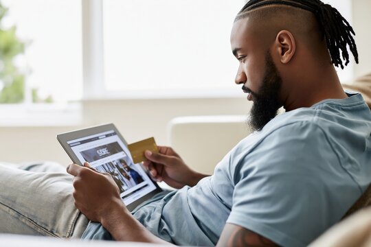 Close-up shot of a Black man holding a digital tablet and shopping online on Black Friday at home. African American Man shopping online with credit card and digital tablet.