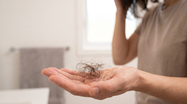 Hair loss and thinning hair, woman examining shed hair as a sign of possible health condition or dermatological concern