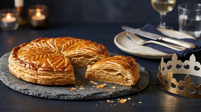 Golden Puff Pastry King Cake Filled with Almond Cream Ready for Celebration