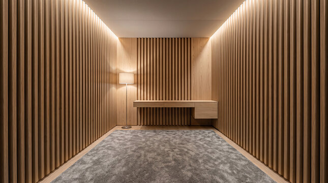 Modern Minimalist Interior with Wood Slat Walls and Floating Desk