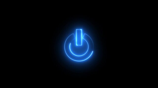 Neon Power button icon animation glowing blue color shutdown switch screen turn on off button computer mobile phone startup stop sign closed icon on black background