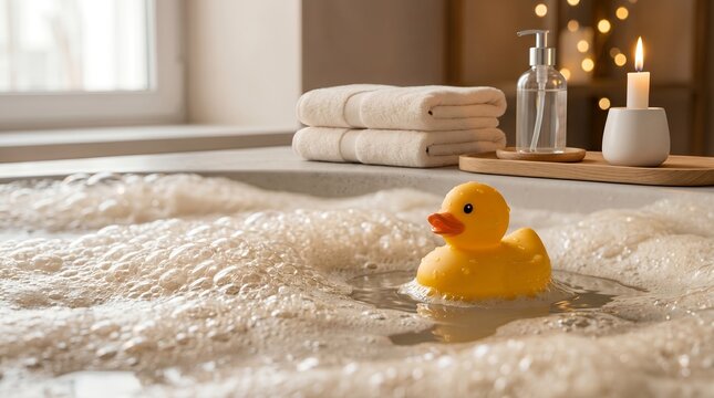 Cute Yellow Rubber Duck Floating in a Bubble Bath with Soft Towels and Candlelight