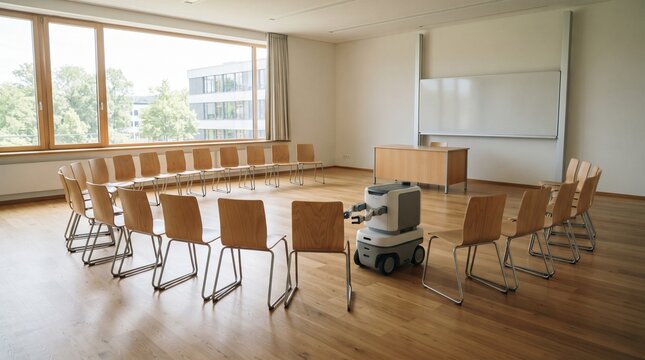 Autonomous service robot arranging wooden chairs in semicircle inside empty modern classroom