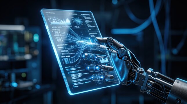 Futuristic robotic mechanical hand holding transparent holographic tablet displaying complex data analytics, network traffic graphs, and system metrics, representing advanced