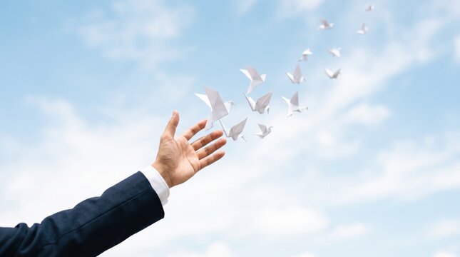 Businessman hand releasing white origami paper birds flying into blue sky with clouds, symbolizing freedom, creativity, new ideas, startup launch, success, hope, dream realization
