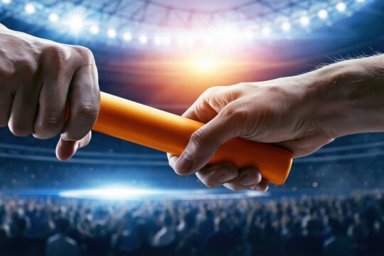 Relay baton pass between two athletes in stadium at night