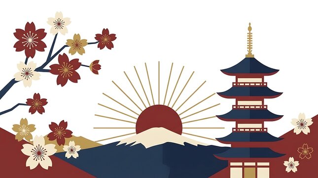 Flat vector Japanese landscape illustration with pagoda Mount Fuji rising sun and cherry blossom branches sakura travel concept background