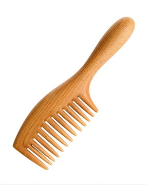 Simple wooden hair pick comb showcasing natural grain texture, grooming accessory isolated on white background