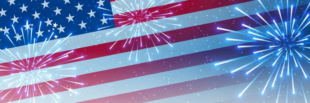 United States flag with colorful fireworks celebration, patriotic Independence Day background, festive national holiday atmosphere, American pride design flat vector illustration